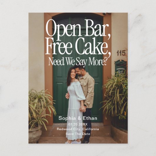 Open Bar Free Cake Photo Retro Save The Date 案内ポストカード (正面)