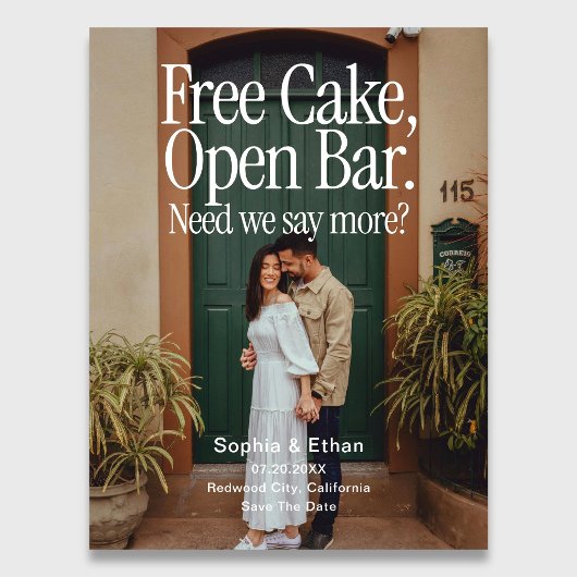 Open Bar Free Cake Photo Retro Save The Date 案内ポストカード
