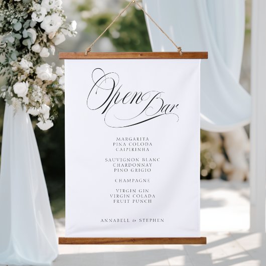 Open Bar! Modern Calligraphy White Wedding 吊り下げ型タペストリー