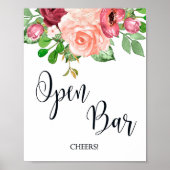 Open Bar Pink Floral wedding sign poster ポスター (正面)