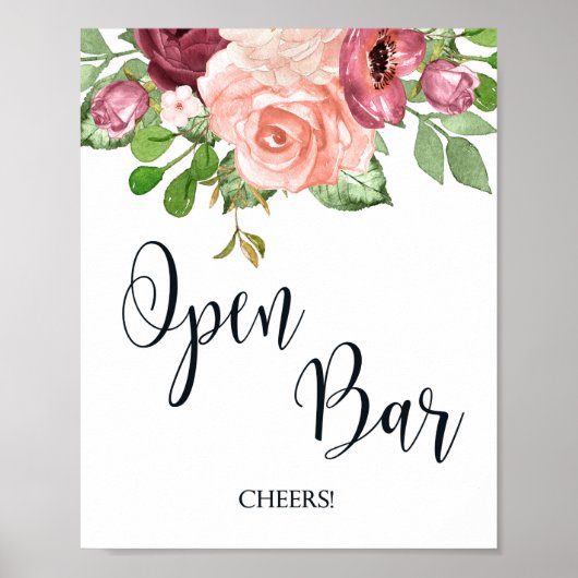 Open Bar Pink Floral wedding sign poster ポスター (正面)