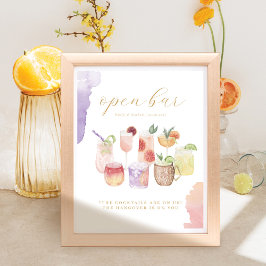 Open Bar Watercolor Citrus Cocktails Wedding Drink ポスター