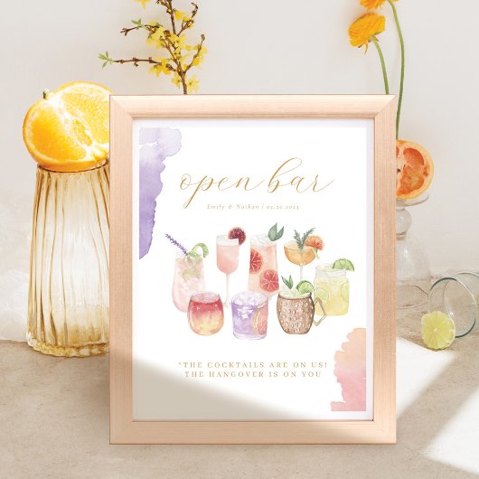 Open Bar Watercolor Citrus Cocktails Wedding Drink ポスター