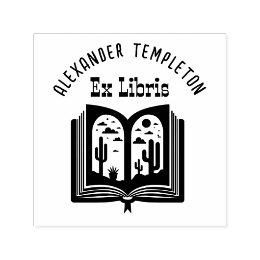 Open Book w/ Desert Landscape Pages “Ex Libris” #2 セルフインキングスタンプ (デザイン)