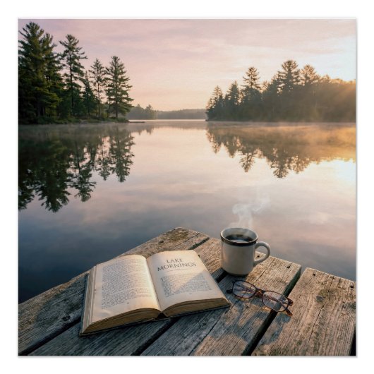 Open Book With Coffee On a Lake Dock ポスター (正面)