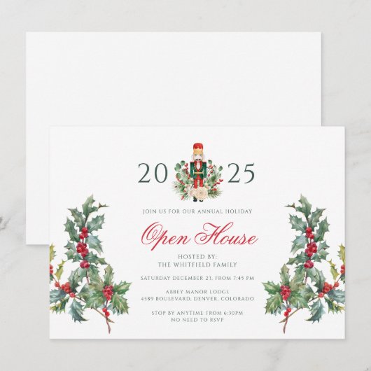 Open House Party Red Berries Christmas Holiday 招待状 (正面/裏面)