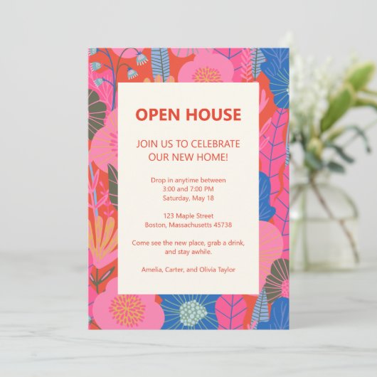 Open House Tropical Floral Pink Red Housewarming 招待状 (スタンド正面)