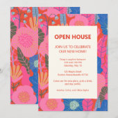 Open House Tropical Floral Pink Red Housewarming 招待状 (正面/裏面)