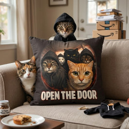 Open The Door Funny Cats in Hoodies Throw Pillow クッション