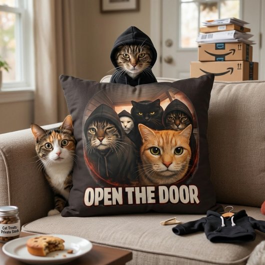 Open The Door Funny Cats in Hoodies Throw Pillow クッション
