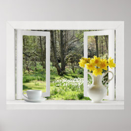 Open Window onto Woodland Scene with Daffodils ポスター