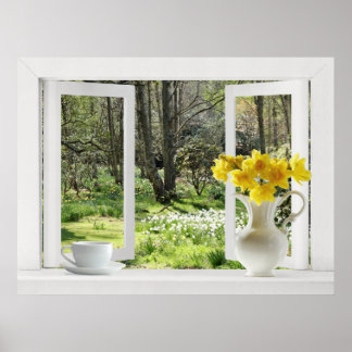 Open Window onto Woodland Scene with Daffodils ポスター
