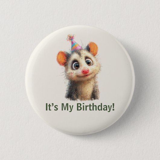 Opossum Birthday Button • Cute Woodland Party 缶バッジ (正面)