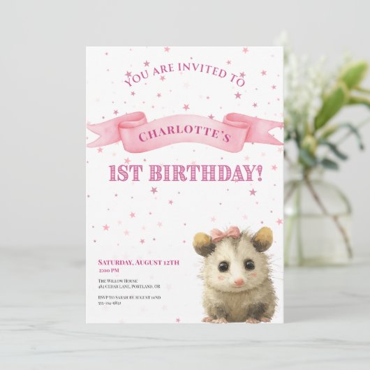 Opossum Birthday Invitation • 1st Birthday セーブザデート (スタンド正面)
