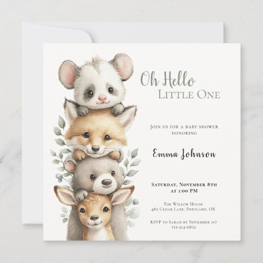Opossum Woodland Baby Shower Invitation (正面)