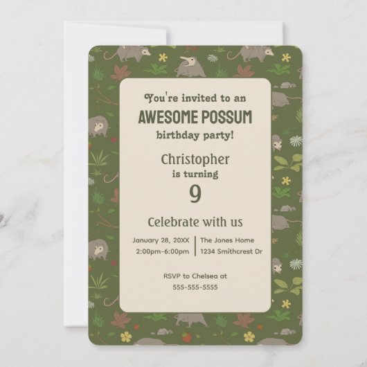 Opossums in Green Birthday Party招待状 (裏面)