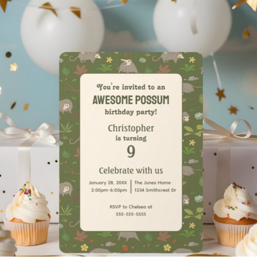 Opossums in Green Birthday Party招待状