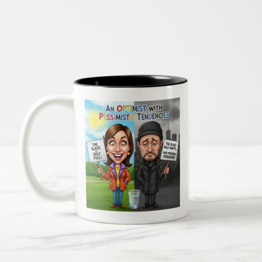 Optimist vs Pessimist Funny Mug Quote ツートーンマグカップ (左)