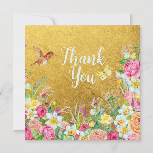 Opulence Gold Floral Hummingbird サンキューカード (正面)