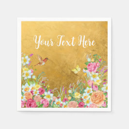 Opulence Gold Floral Hummingbird スタンダードカクテルナプキン