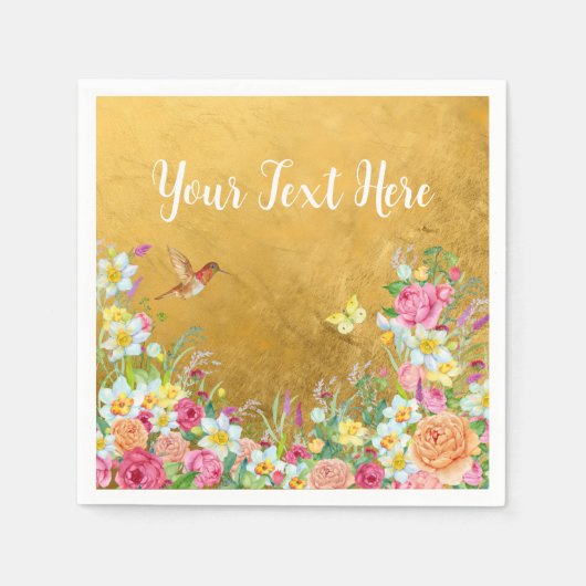 Opulence Gold Floral Hummingbird スタンダードカクテルナプキン (正面)