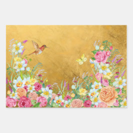 Opulence Gold Floral Hummingbird ラッピングペーパーシート