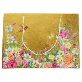 Opulence Gold Floral Hummingbird Gift Bag ラージペーパーバッグ