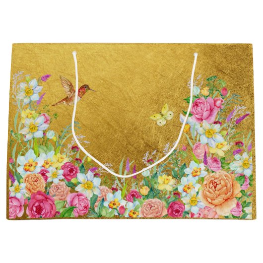 Opulence Gold Floral Hummingbird Gift Bag ラージペーパーバッグ (正面)