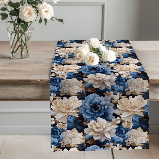 Opulent Blue and Ivory Floral Table Runner ロングテーブルランナー