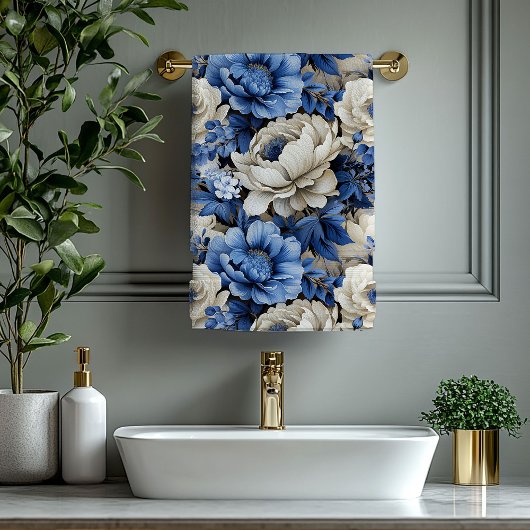 Opulent Blue and Ivory Flowers Bath Towel バスタオルセット