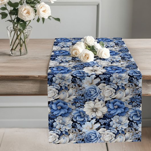 Opulent blue ivory floral elegant dining decor  ロングテーブルランナー