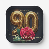 Opulent Chic Red Rose Ornate Golden 90th Birthday ペーパープレート (正面)