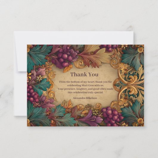 Opulent Grape Leaf Mardi Gras Masquerade サンキューカード (正面)