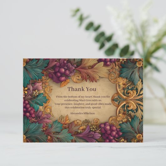 Opulent Grape Leaf Mardi Gras Masquerade サンキューカード (スタンド正面)