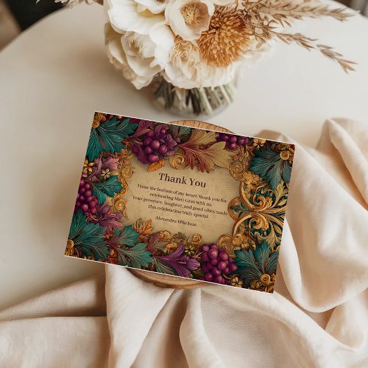 Opulent Grape Leaf Mardi Gras Masquerade サンキューカード