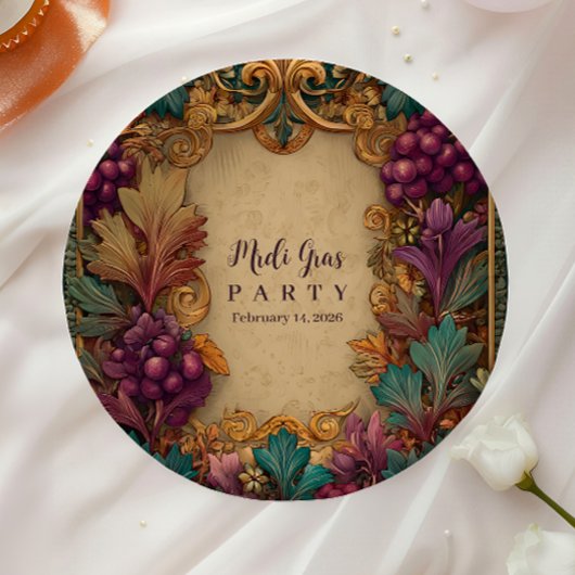 Opulent Grape Leaf Mardi Gras Masquerade ペーパープレート