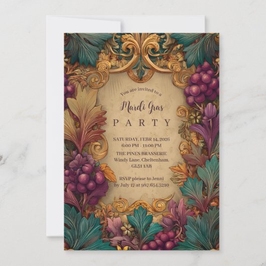 Opulent Grape Leaf Mardi Gras Masquerade 招待状 (正面)