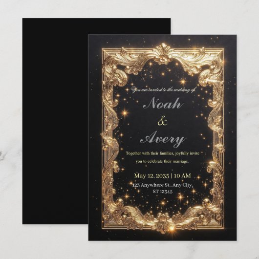 Opulent Matte Black & Gold Foil Wedding Card Desig 招待状 (正面/裏面)