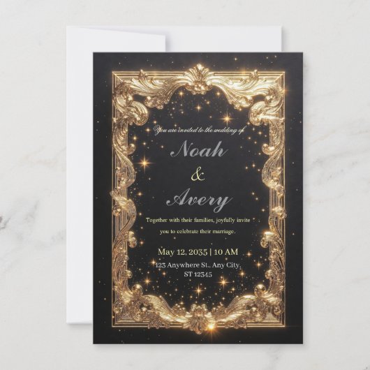 Opulent Matte Black & Gold Foil Wedding Card Desig 招待状 (正面)