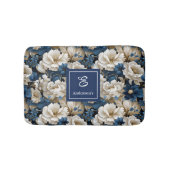 Opulent Navy Blue Flowers Custom Name Bath Mat バスマット (正面)