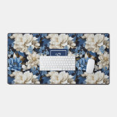 Opulent Navy Blue Flowers Custom Name Desk Mat デスクマット (キーボード&マウス)