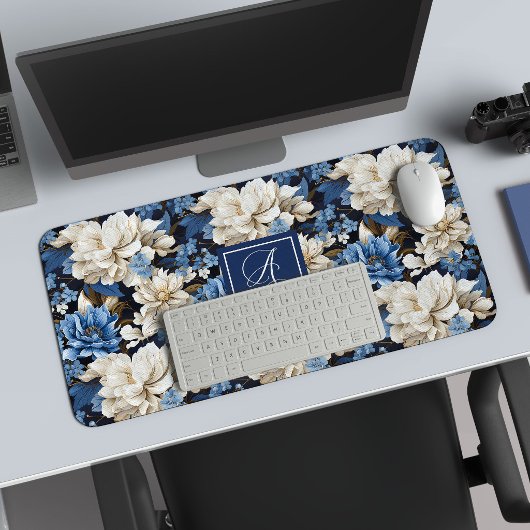 Opulent Navy Blue Flowers Custom Name Desk Mat デスクマット