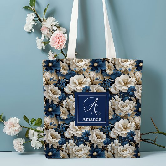 Opulent Navy Blue Flowers Custom Name Tote Bag トートバッグ