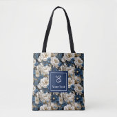 Opulent Navy Blue Flowers Custom Name Tote Bag トートバッグ (正面)