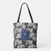 Opulent Navy Blue Flowers Custom Name Tote Bag トートバッグ (裏面)
