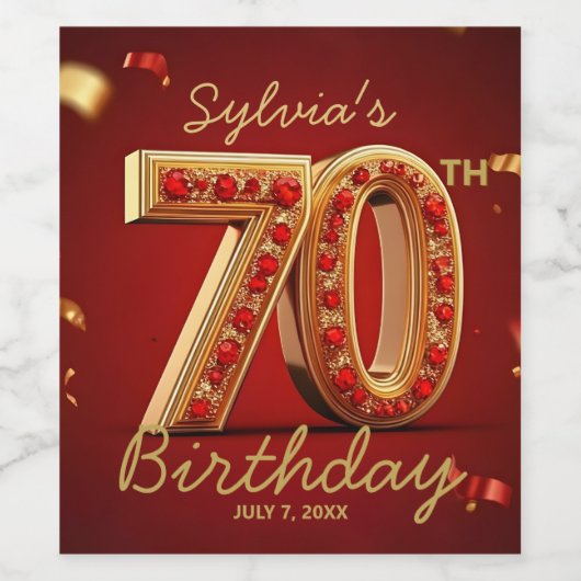 Opulent Ruby Red Gold Glitter 70th Birthday ワインラベル (シングルラベル)