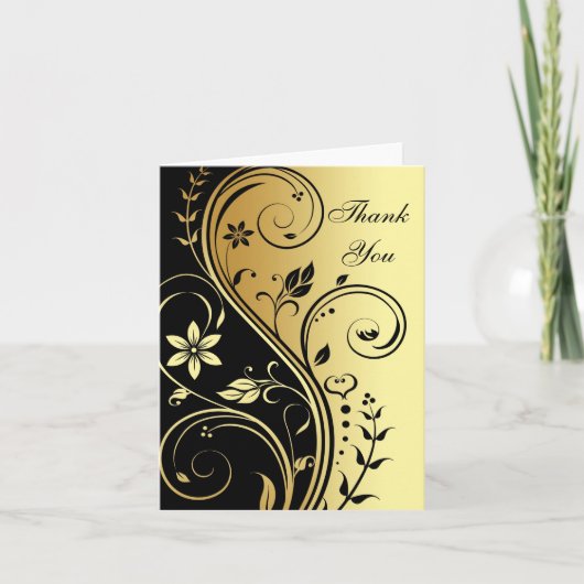 Or, Black & Gold Floral Scroll Thank You Card サンキューカード (正面)