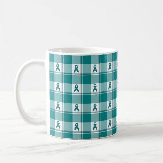 Oral Cancer Awareness Plaid Teal Ribbon コーヒーマグカップ (左)