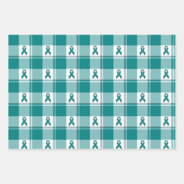 Oral Cancer Awareness Plaid Teal Ribbon ラッピングペーパーシート