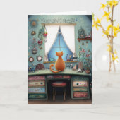 Orange 予測できな Cat at a WindowこんにちはHello Greeting カード (黄色い花)